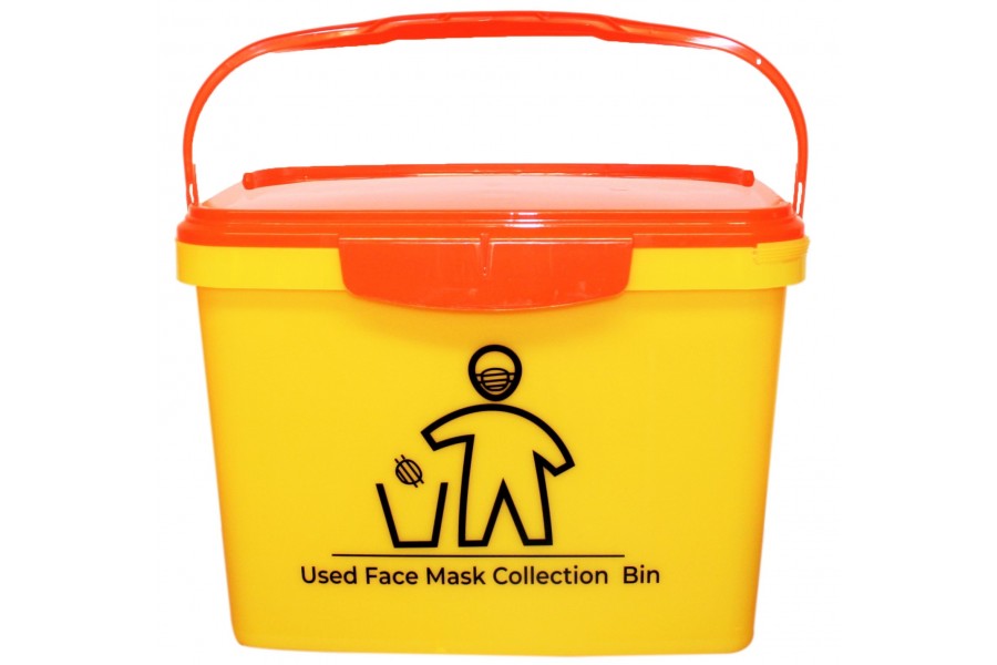 16 Litre Yellow Rectangular Bucket printed "Mask Disposal" with Orange Hinged Lid